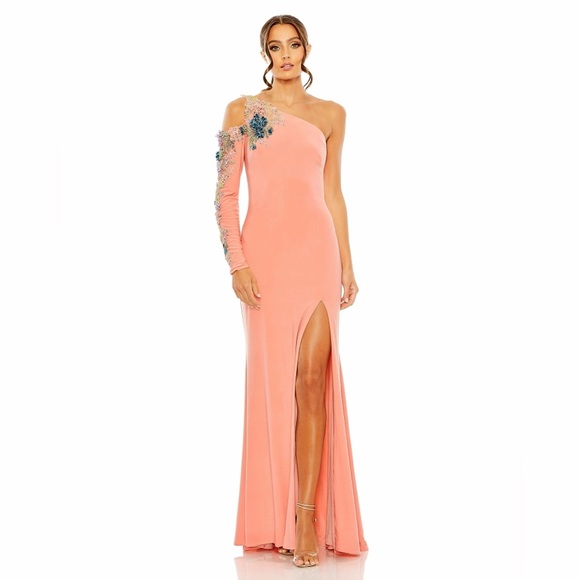 NWT $598 MAC DUGGAL Pink One Shoulder Long Sleeve Floral Embellished Gown DRESS